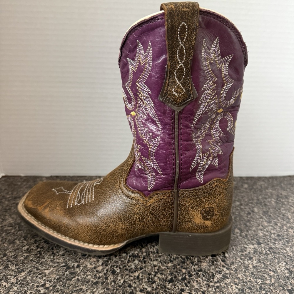Ariat Tombstone Girls Size 13 Cowboy Boots Brown Purple Leather Square Toe
